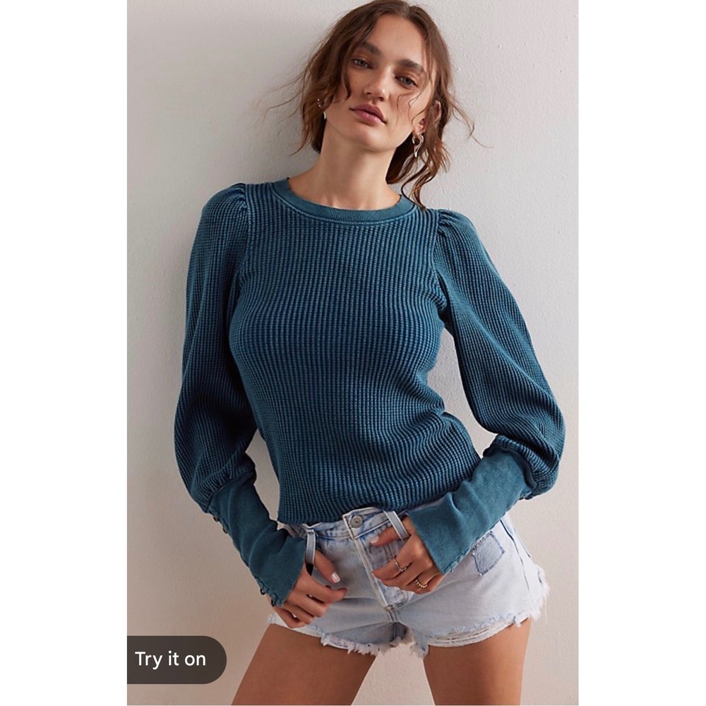 Free People FP One Teal Waffle Knit Thermal Puffy Shoulder Button Cuff Top L